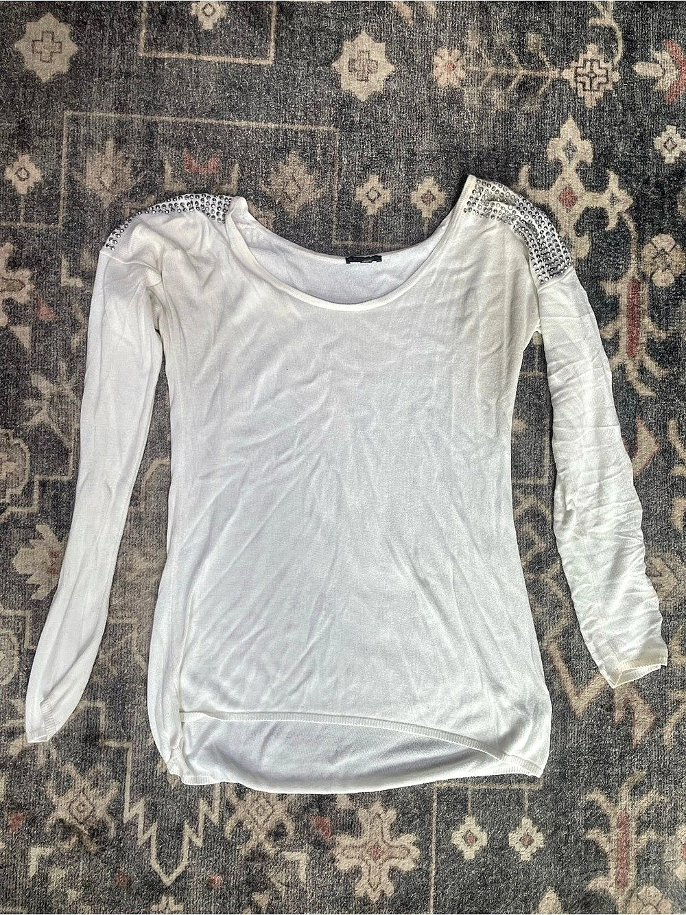 Express White Sweater Top With Rhinestone Sleeves
